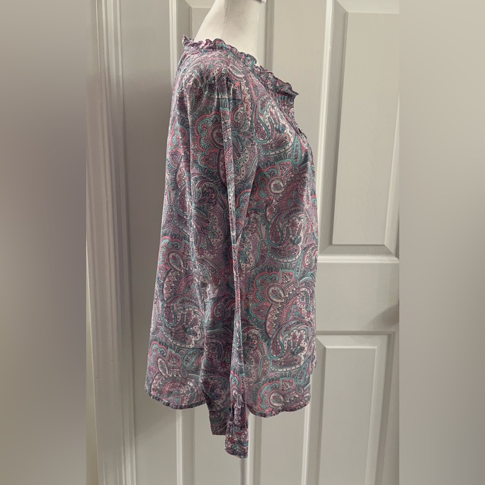 Talbots Popover Paisley Ruffle Pleated Blouse Size M Cotton Pink Blue Multi - Picture 4 of 10
